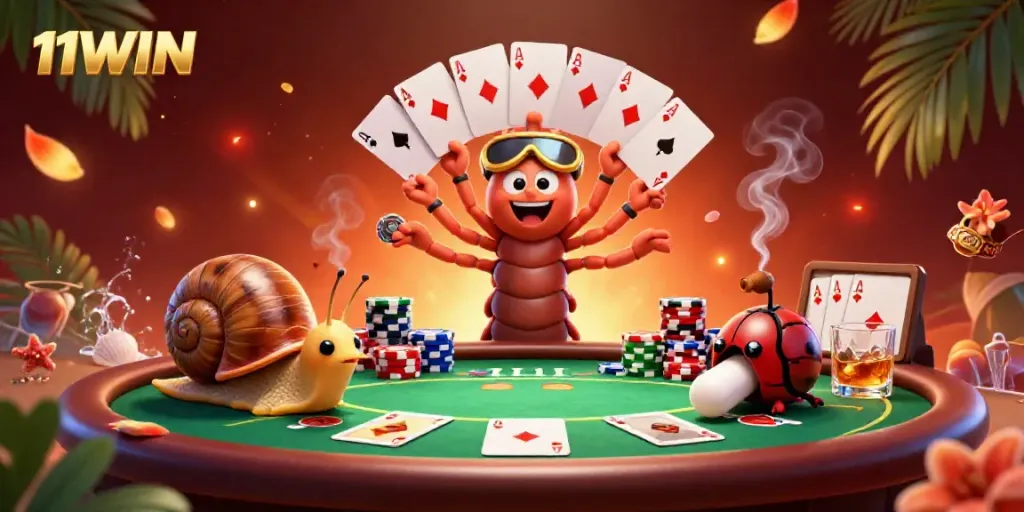 Experience the excitement of 11WIN at this vibrant poker scene with animated dealers and colorful chips.