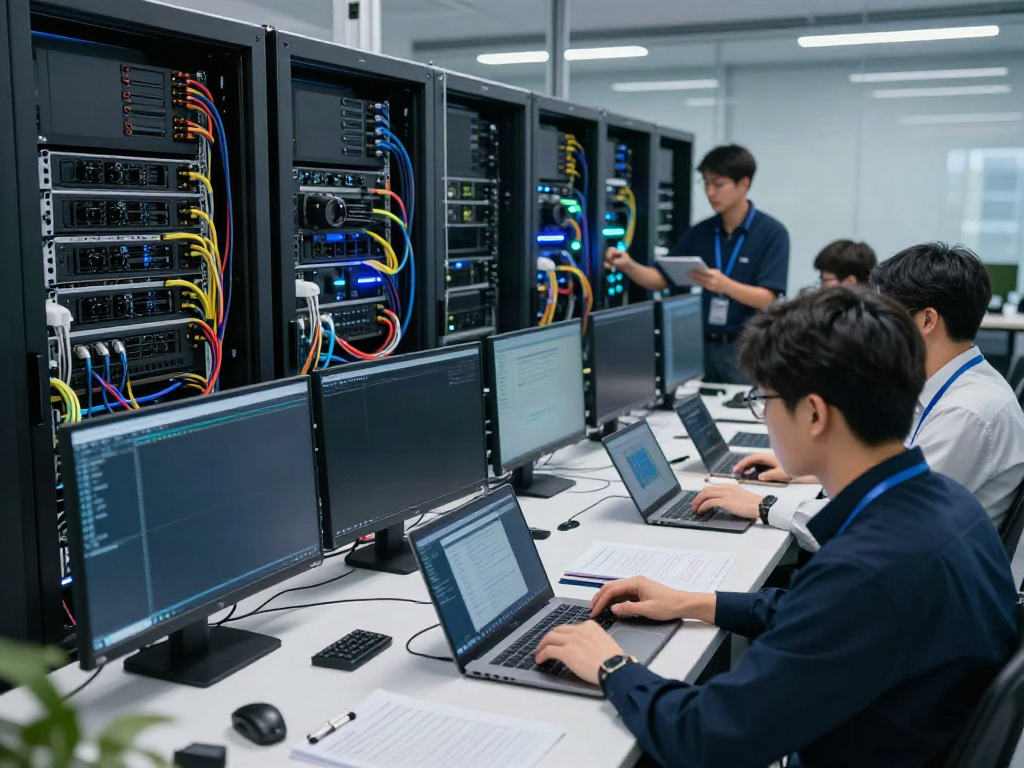 AI infrastructure engineers collaborating on GPU server optimization in a modern data center.
