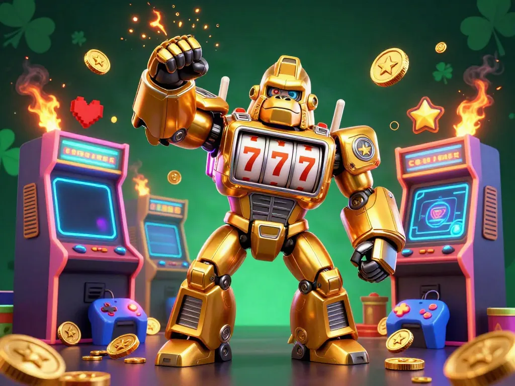 Experience the gaming excitement of IDC88JOKER with a vibrant illustration featuring a transforming golden gorilla mech and arcade elements.