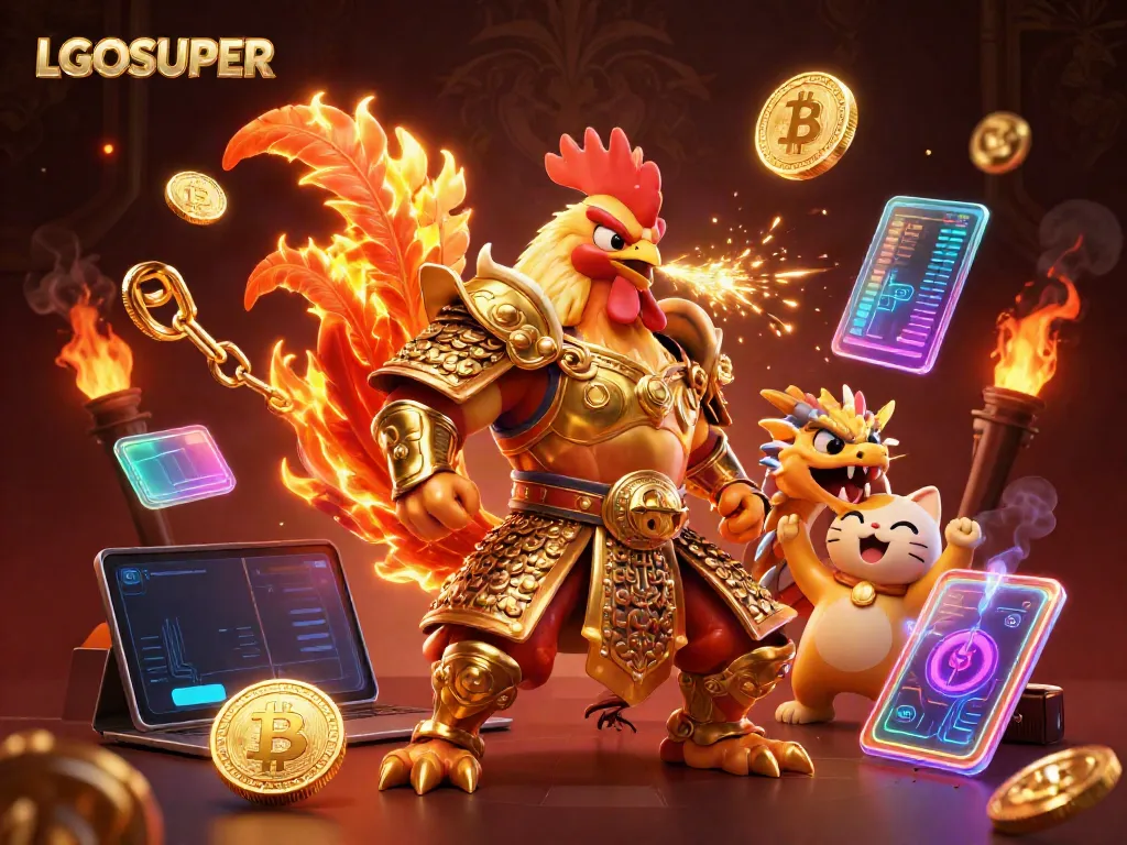 Engage with LGOSUPER's gaming adventure with a fierce rooster warrior and dragon hatchling amidst dazzling crypto elements.