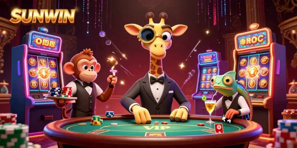 Experience thrilling gameplay with SUNWIN featuring a high-roller giraffe at a vibrant slot machine table.
