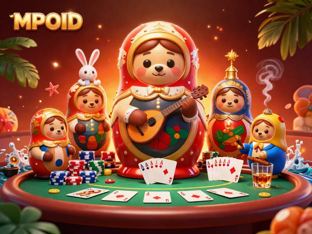 MPOID showcases a 3D cartoon scene featuring a nesting doll bear and poker elements, engaging players in online gaming.