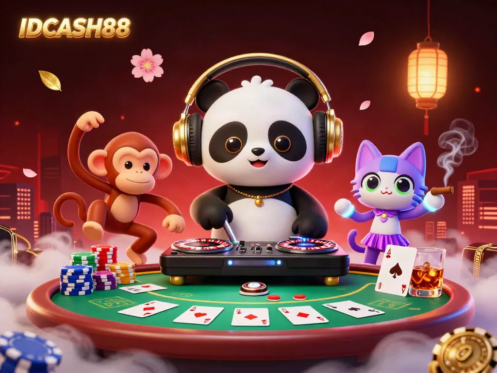 Experience the vibrant energy of IDCASH88 through a lively 3D scene featuring a DJ panda, dancing monkey, and kitten amid casino elements.