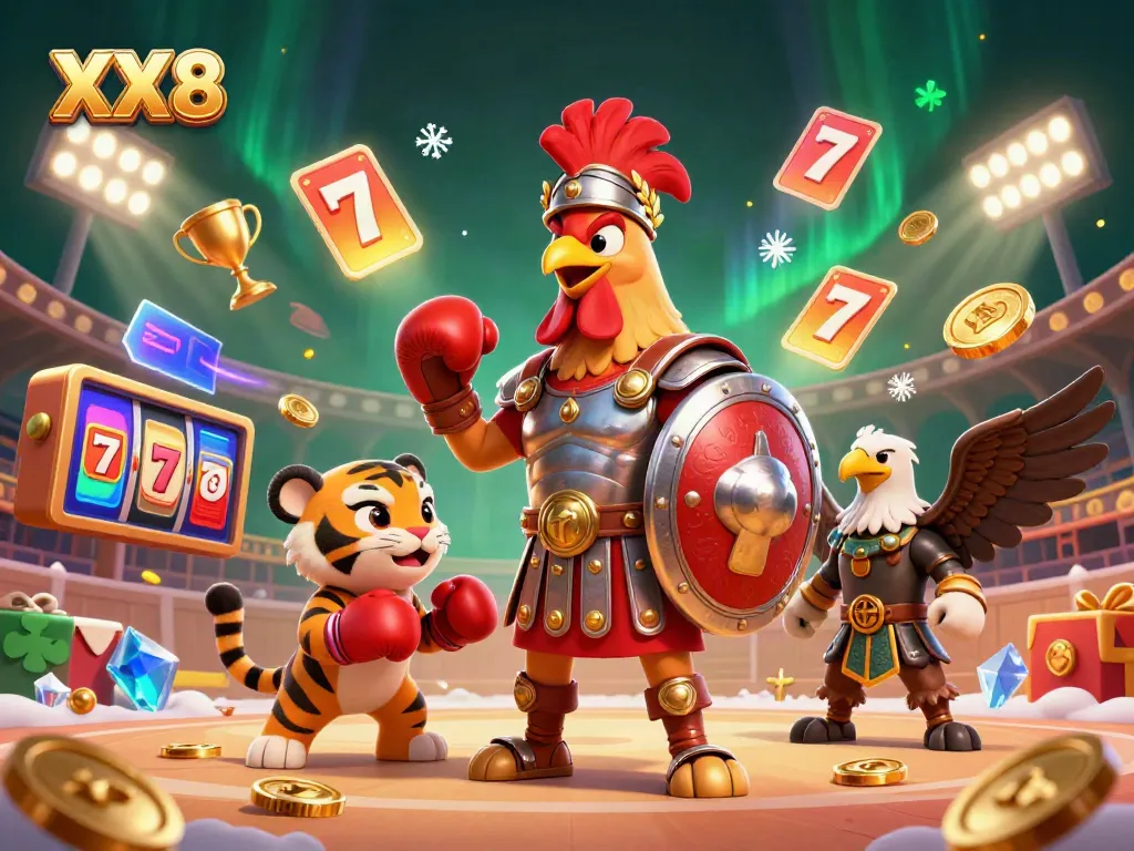 Experience the vibrant XX8 casino world with a rooster gladiator, a boxing cub, and gaming elements.