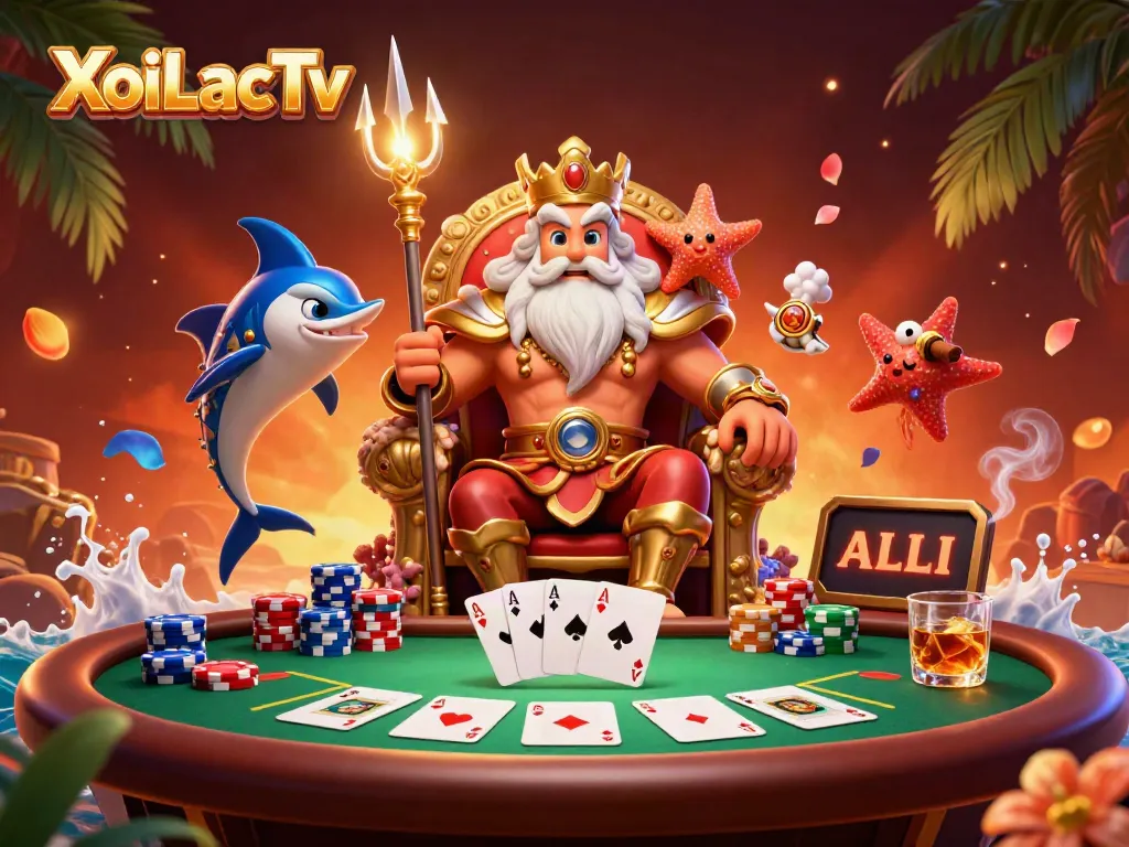 XoiLacTv showcases Neptune and samurai over poker chips in vibrant casino scene.