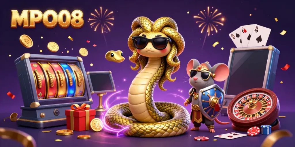 MPO08 slots and casino action featuring a friendly Medusa and warrior mouse amidst vibrant celebrations