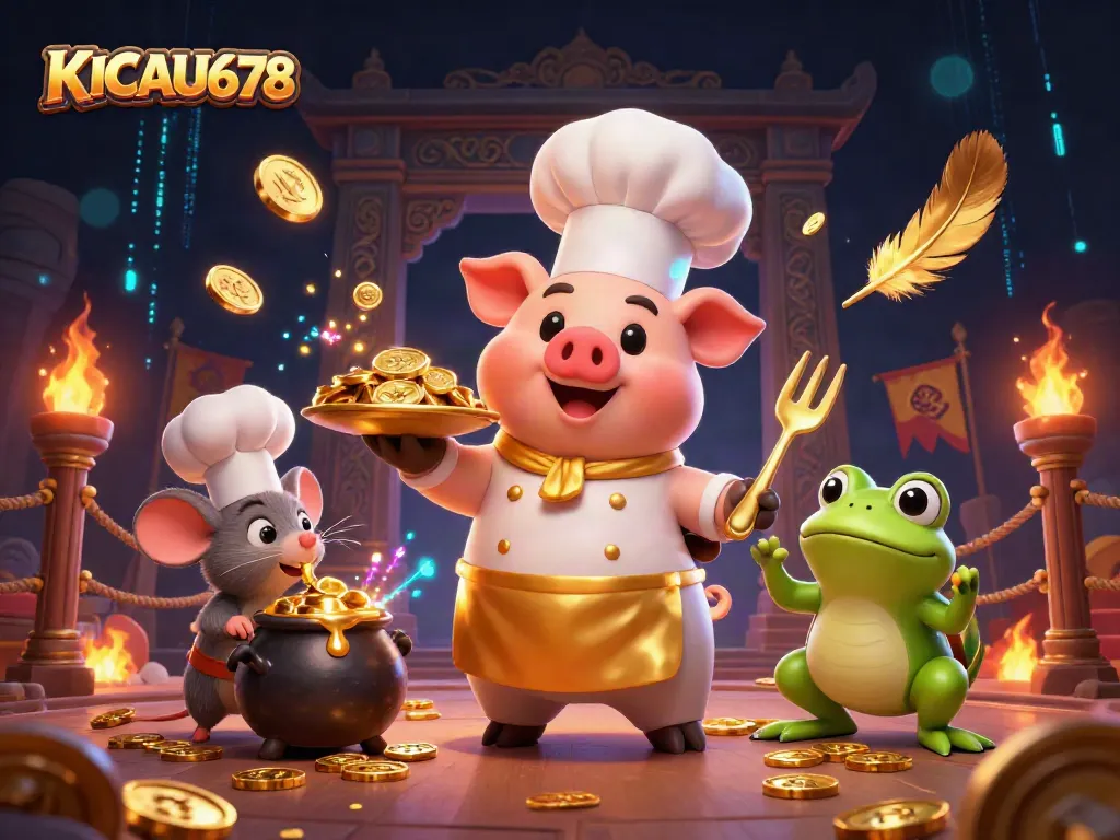 Experience KICAU678's vibrant digital casino world with a lively 3D scene featuring a pig chef serving golden coins, enhancing player excitement.