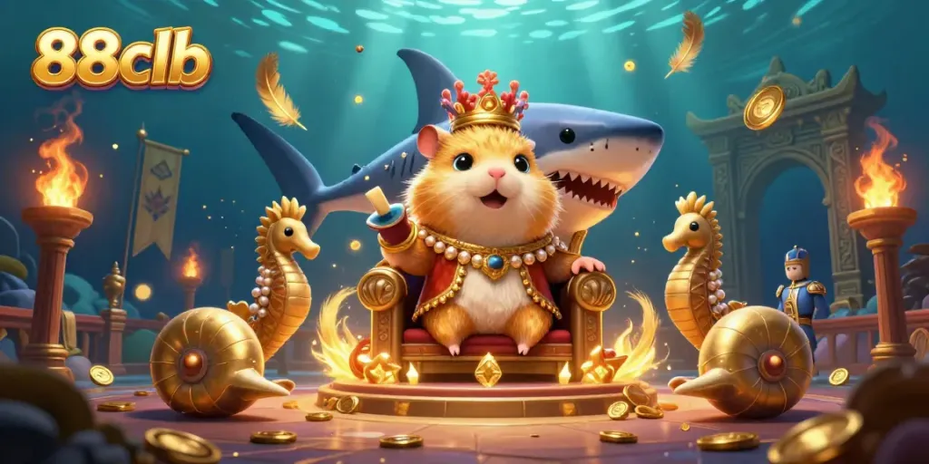 Experience unforgettable gaming with the 88clb's vibrant underwater casino featuring an enthroned hamster king.