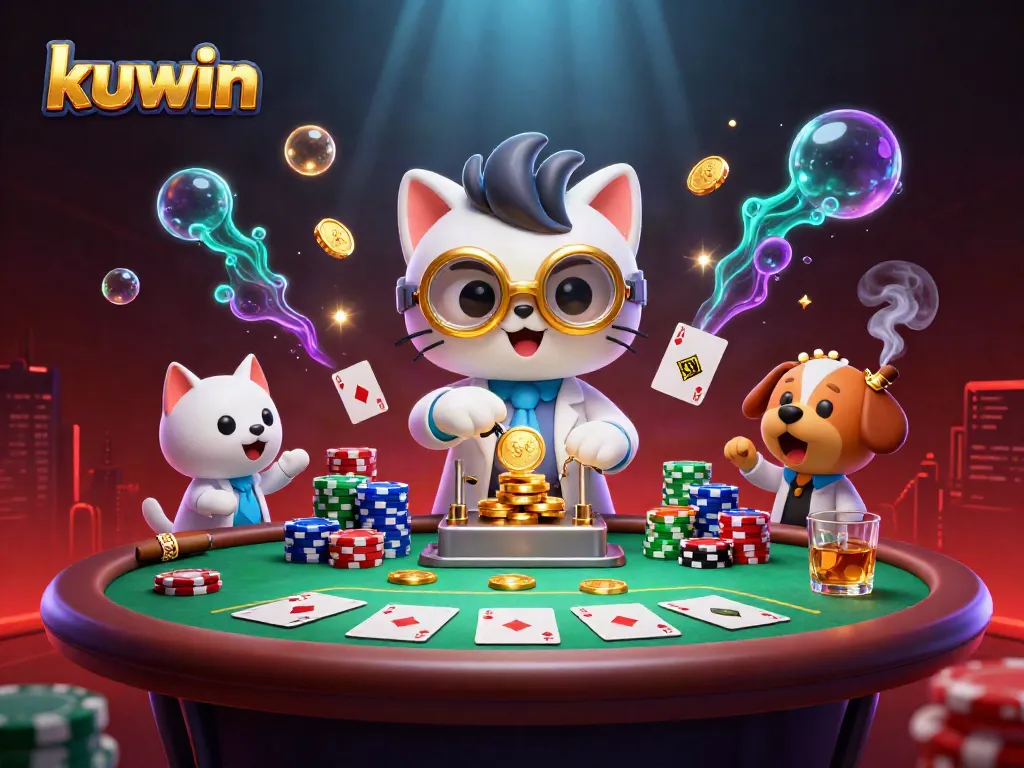 Engage in thrilling card play at kuwin with a scene featuring a mad scientist cat and dog in a casino-themed lab.