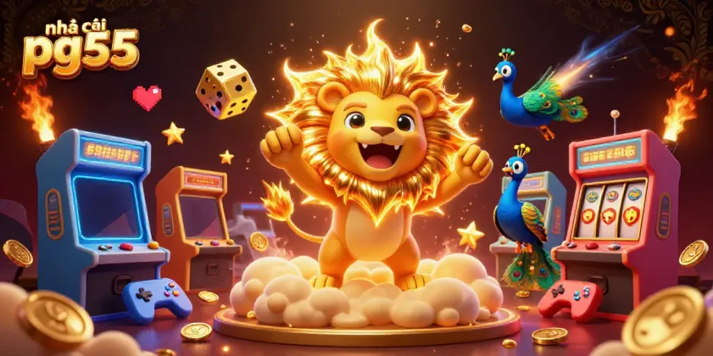 Your winning chance awaits at nhà cái pg55, with vibrant casino elements and a dazzling 3D lion.