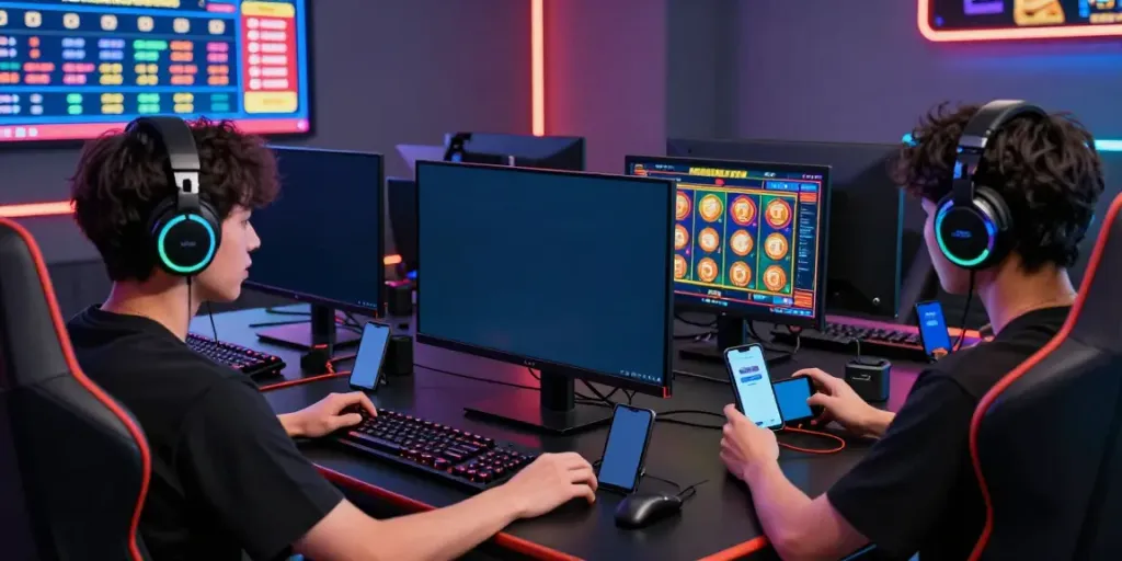 Permainan online POHON4D dengan pemain antusias di meja gaming modern.