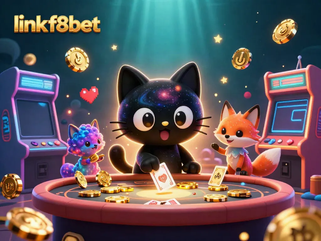 Engage with the link f8bet at this captivating cosmic casino scene featuring a black hole cat and colorful fox.