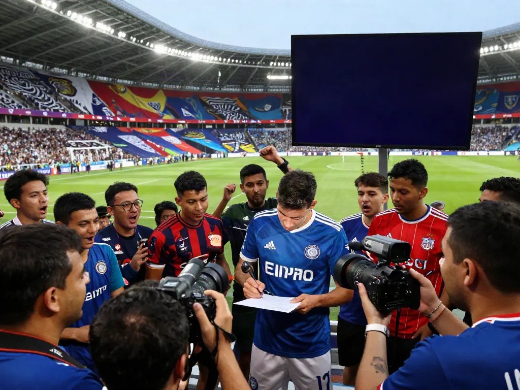 ข่าวตลาดซื้อขายนักเตะ live scene at football stadium with excited fans and reporters