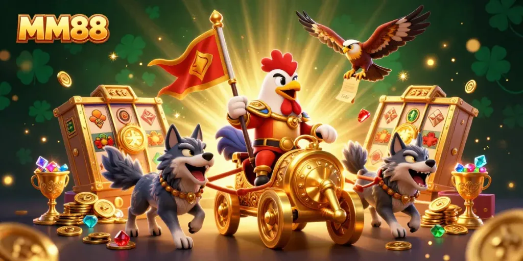 Engage in thrilling online gambling with MM88, featuring rich visuals of a golden war chariot and slot reels.