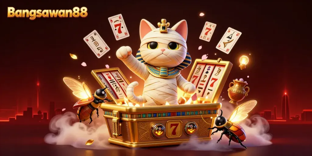 Bangsawan88 showcases an exciting casino scene with an Egyptian mummy cat and glowing elements highlighting slot gameplay.