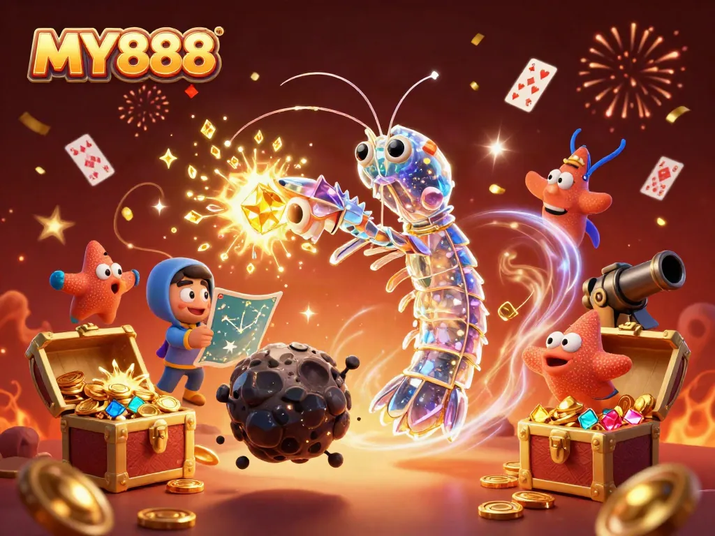 Experience excitement with MY888 in this vibrant 3D vibrant casino illustration amid galactic characters and rich treasures.