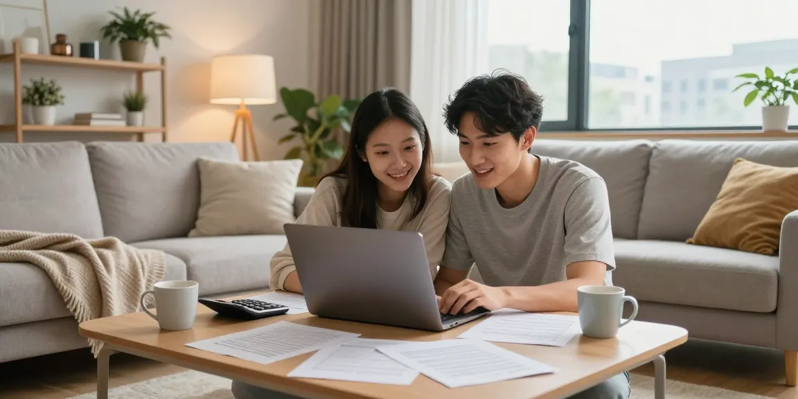 Couple exploring Canada loans options in a cozy living room.