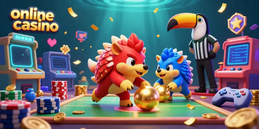 Pangolins competing in an online casino game scene filled with dynamic gaming elements and colors.
