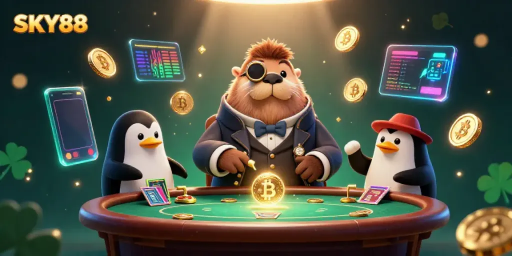 Engage in thrilling games at SKY88 with a jolly walrus and unique poker table scene.