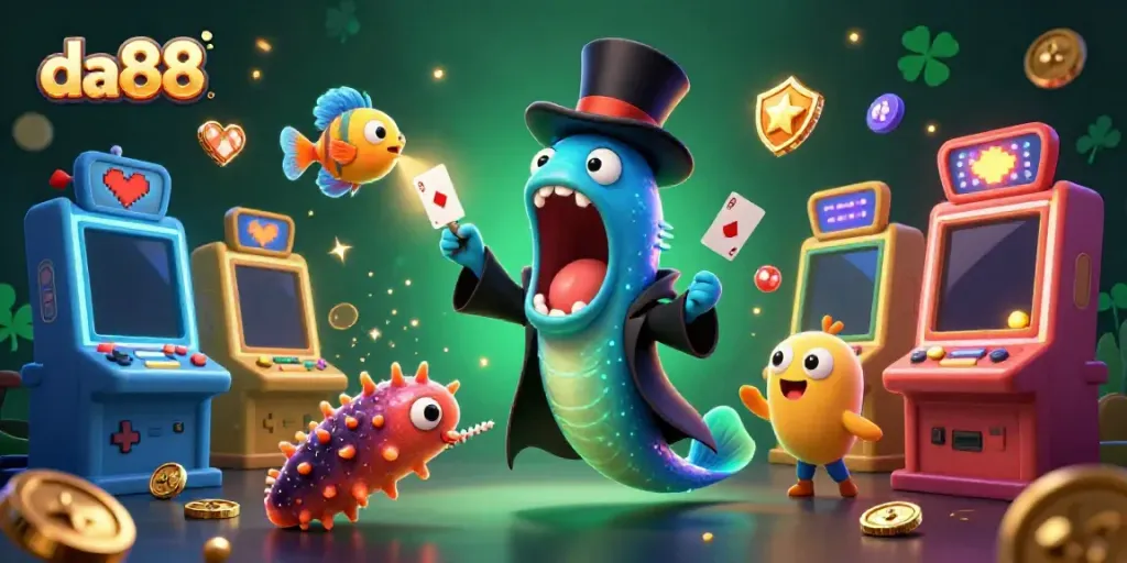 Experience dazzling da88 gaming action with vibrant 3D characters performing magical tricks in a colorful casino ambiance.