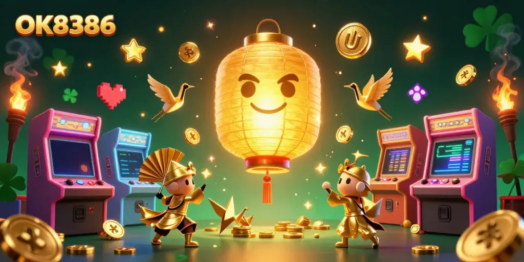 Experience the excitement of OK8386 with dynamic characters and casino game elements in a vibrant scene.