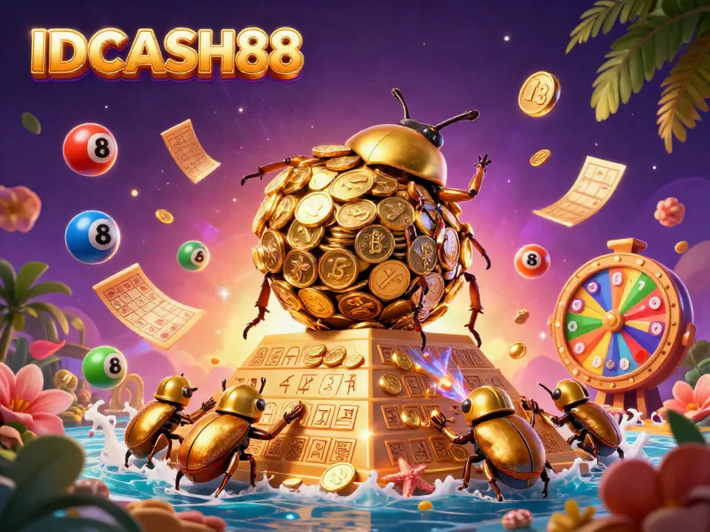 Experience thrilling gameplay with IDCASH88 in a vibrant casino-themed illustration featuring dynamic lotto elements.