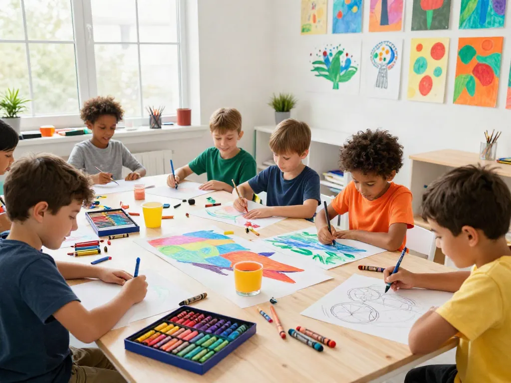 Children using various crayons from a crayon manufacturer in a colorful art studio, engaged in creative projects.