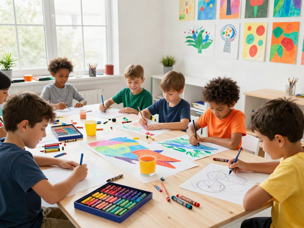Children using various crayons from a crayon manufacturer in a colorful art studio, engaged in creative projects.