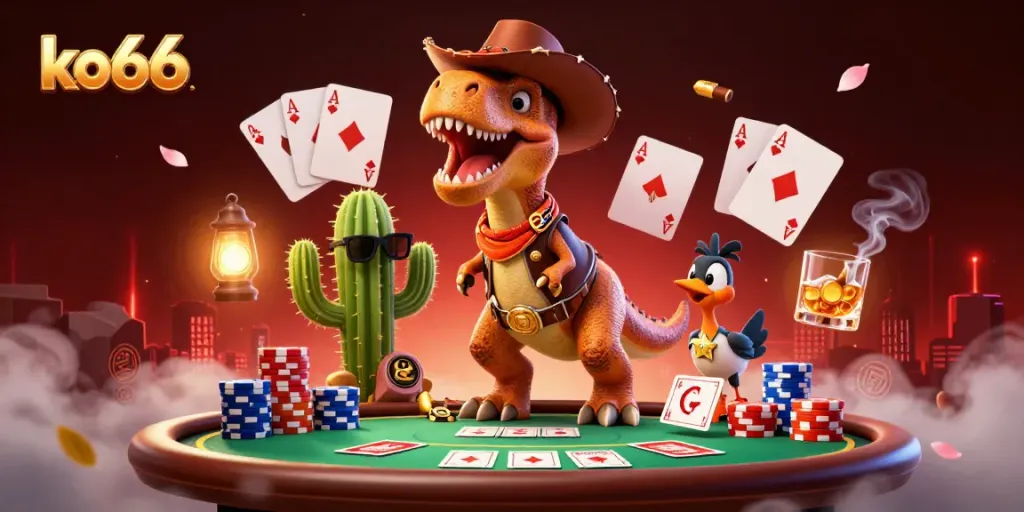 Experience thrilling poker action with ko66 featuring a cartoon dinosaur and vibrant gaming elements.