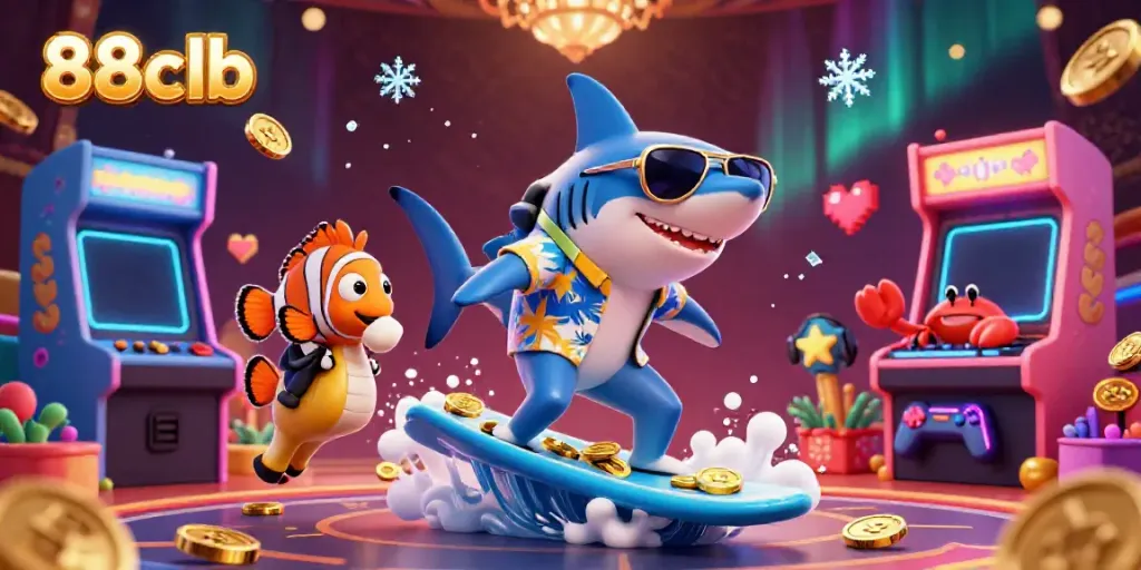 Experience thrilling gaming at 88clb with a playful 3D shark and colorful casino elements.