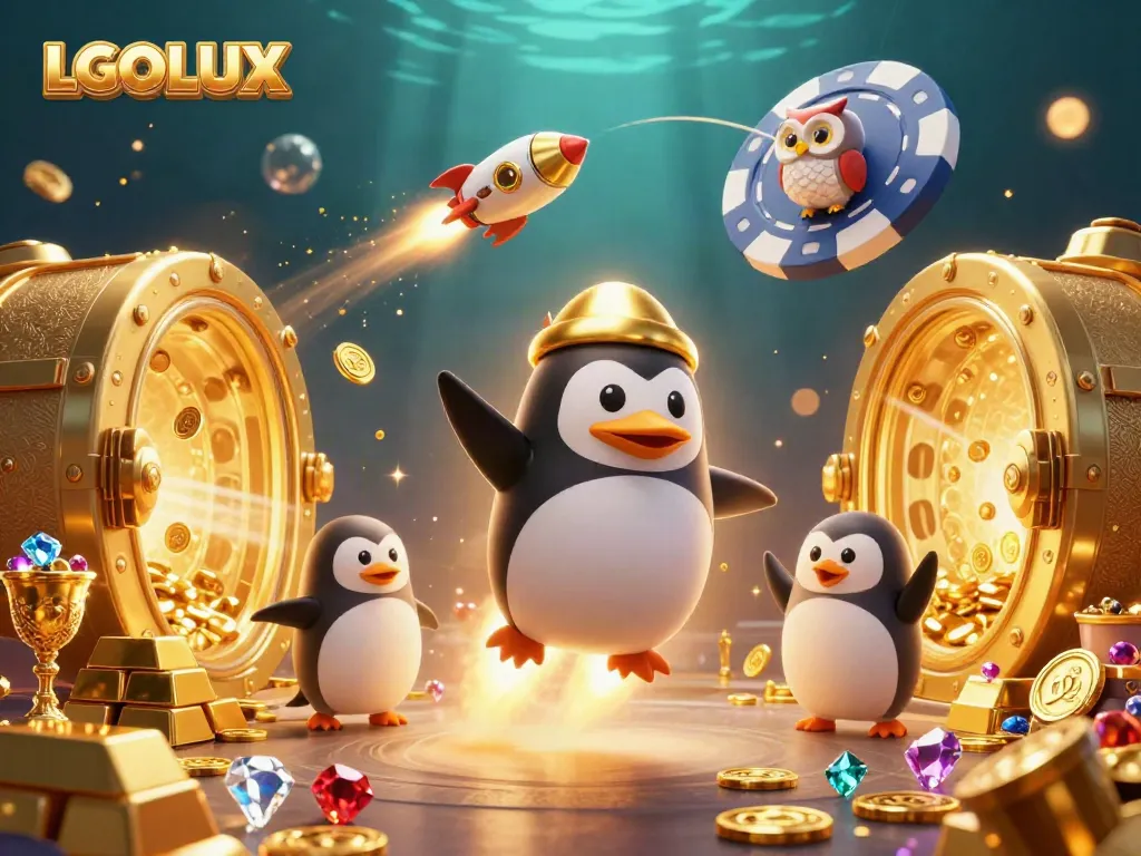 Experience thrilling adventures with LGOLUX, featuring a golden penguin and treasures in a vibrant casino-themed scene.