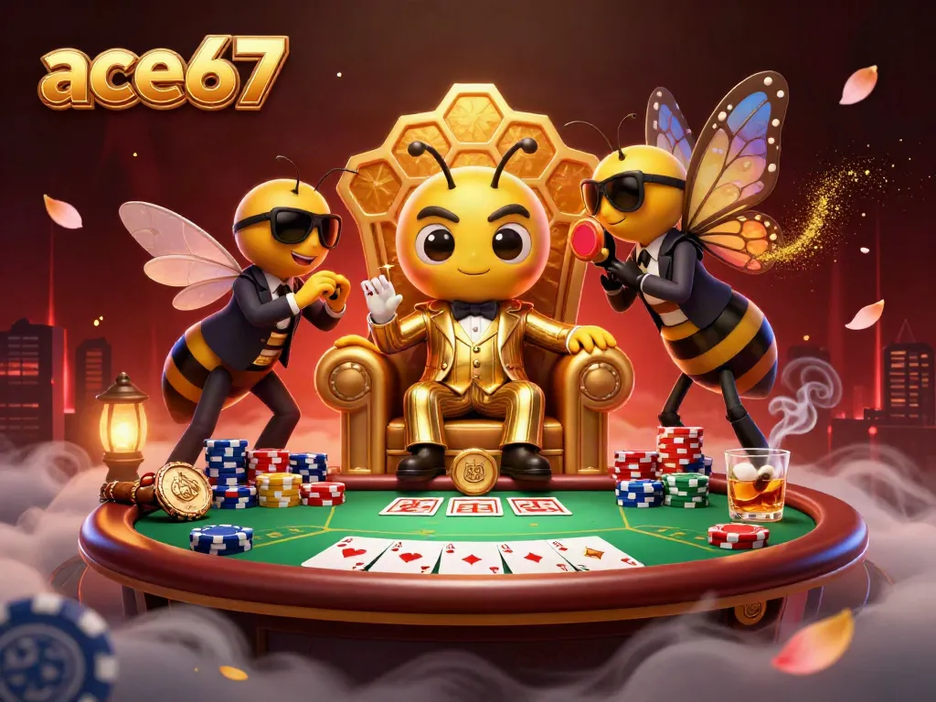 Engage with ace67's luxurious gaming scene featuring a bumblebee mob boss and poker elements.