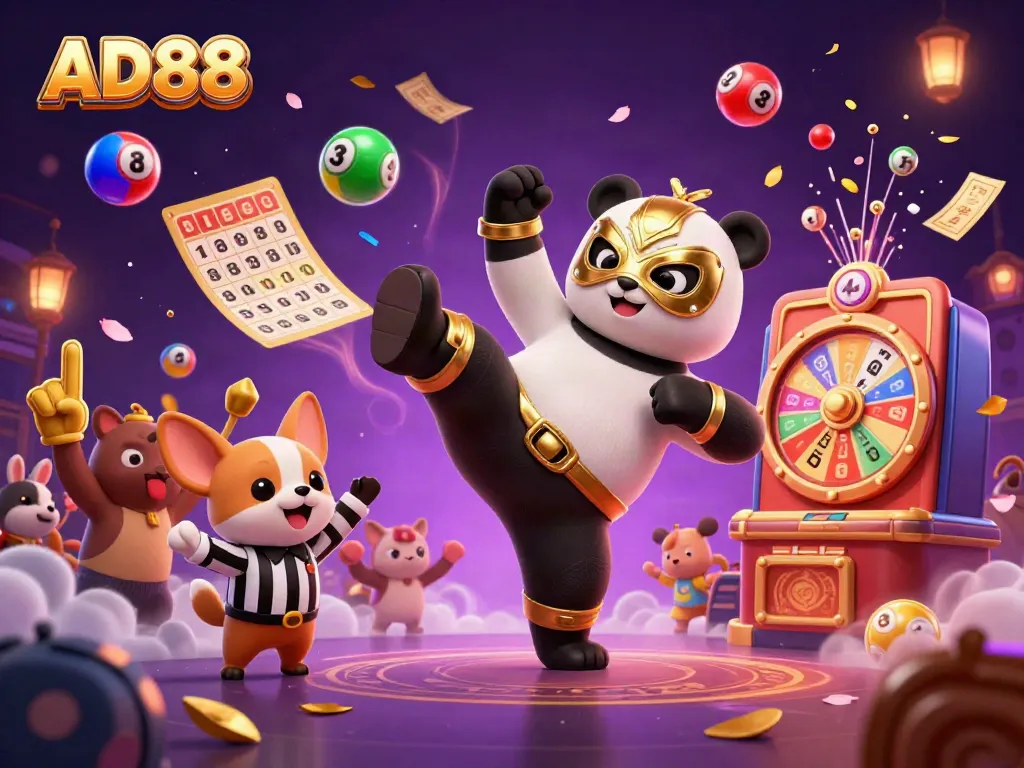 Experience the thrill of AD88 casino with a lively 3D illustration featuring a wrestling panda amidst dynamic gaming elements.
