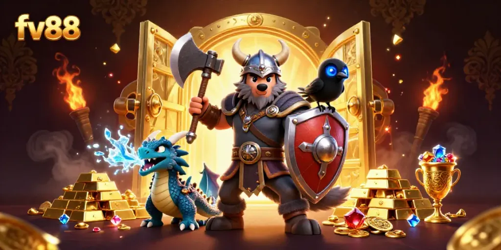 Experience the thrill of fv88 with a dynamic Viking warrior, dragon, and treasure scene.
