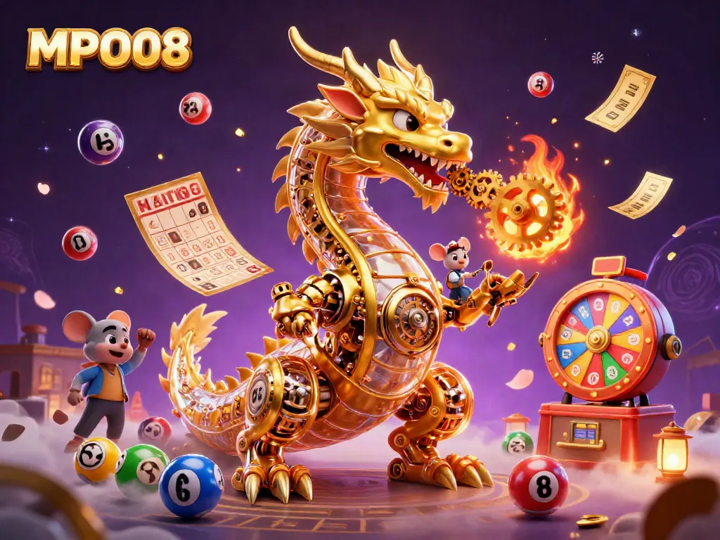 Play and win with MPO08's vibrant gambling scene featuring a golden dragon and colorful lottery elements.
