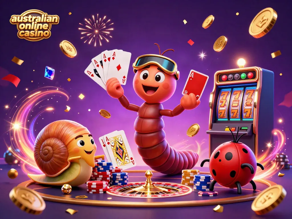Experience the vibrant scene of an australian online casino featuring a unique dealer, stacked chips, and lively gameplay elements.