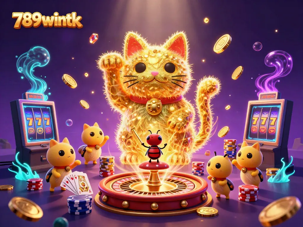 Experience the vibrant excitement of 789wintk with a captivating lucky cat formation and casino symbols.