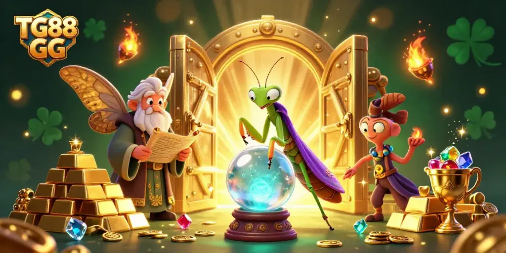 Experience the magic of TG88 GG with a whimsical casino-inspired scene and lively characters.