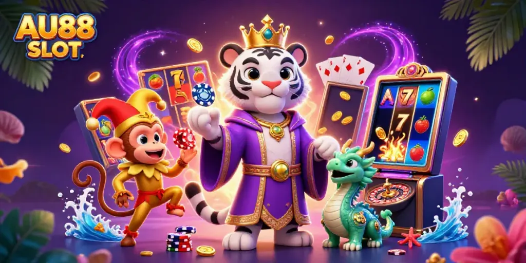 A captivating AU88 SLOT scene with a majestic tiger, juggling monkey, and magical dragon among vibrant slot game elements.