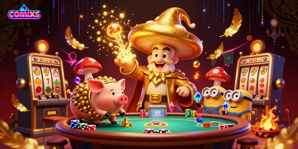 Experience comixs with a golden mushroom wizard and vibrant casino elements in a 3D illustration.