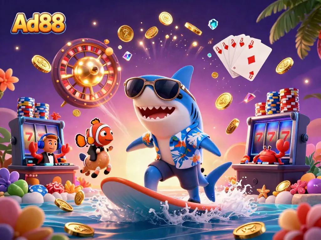 Ad88 showcases an exciting casino scene with vibrant characters, 3D game elements, and dynamic energy.