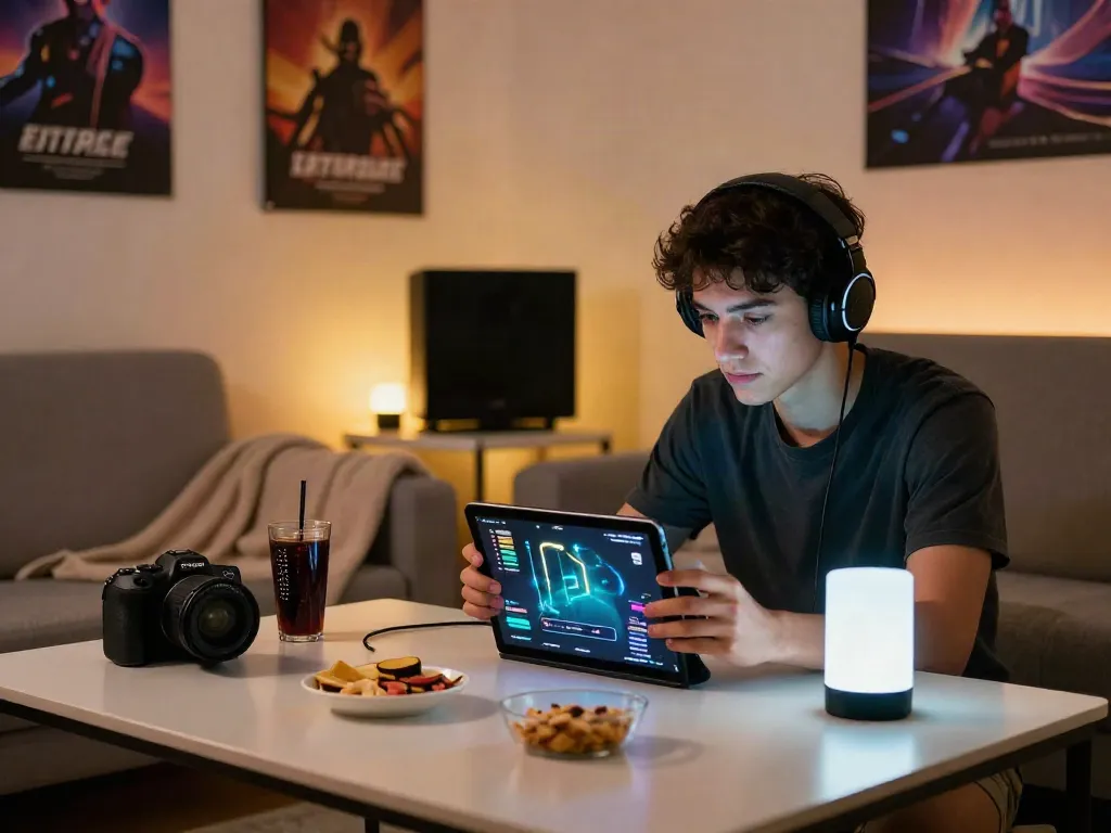Player enjoying a mod apk game on a tablet in a cozy gaming setup