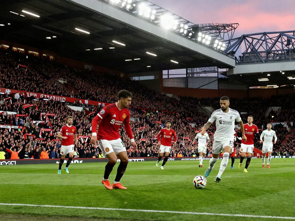 Intense moment of the match between แมนยู กับ ลิเวอร์พูล showcasing players in action, vibrant fans, and a dynamic stadium atmosphere.
