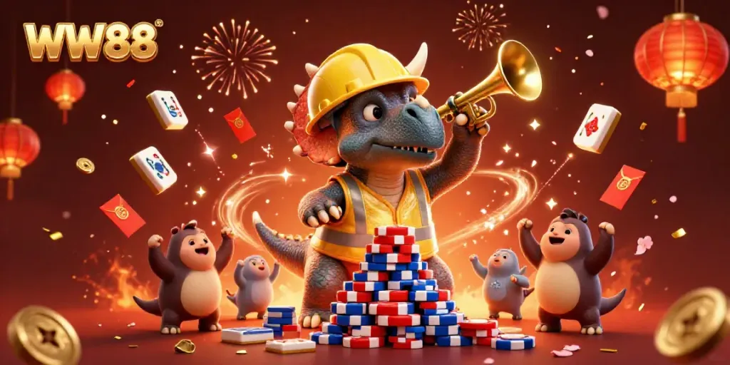 WW88 celebration scene with cartoon characters building poker chip pyramids in a vibrant casino theme.